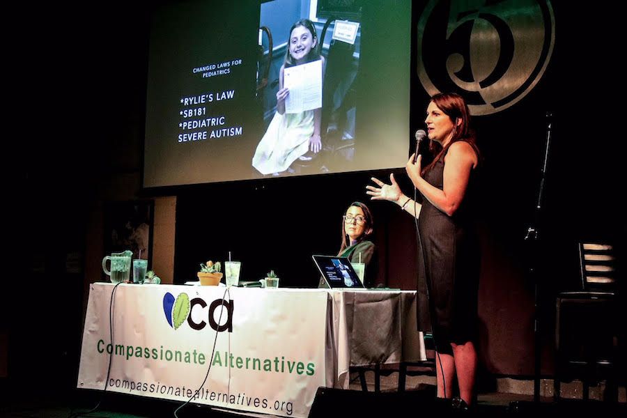 Janie Maedler speaks at the inaugural Compassionate Alternatives event in July 2018